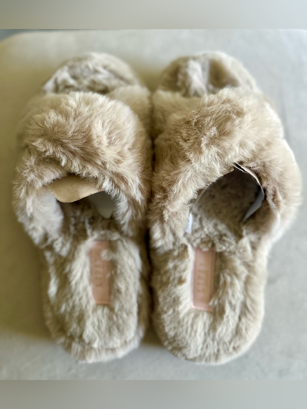 Lipsy Faux-Fur Open-Back Slippers in Light Beige